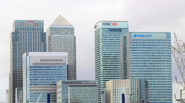 Office buildings with famous bank logos