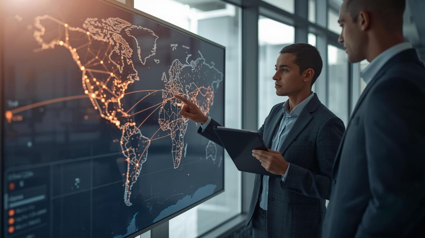 Business analyst studying illuminated global supply chain map inside bright modern office.